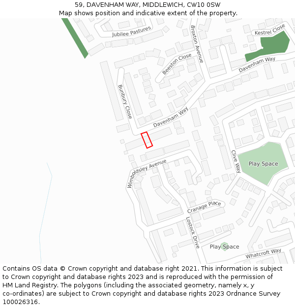 59, DAVENHAM WAY, MIDDLEWICH, CW10 0SW: Location map and indicative extent of plot