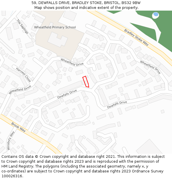 59, DEWFALLS DRIVE, BRADLEY STOKE, BRISTOL, BS32 9BW: Location map and indicative extent of plot