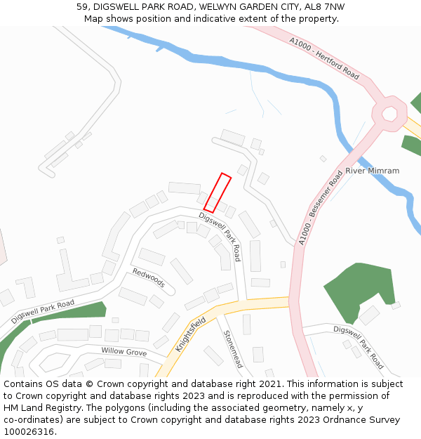 59, DIGSWELL PARK ROAD, WELWYN GARDEN CITY, AL8 7NW: Location map and indicative extent of plot