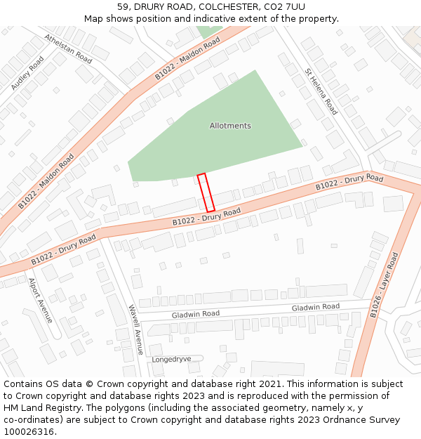 59, DRURY ROAD, COLCHESTER, CO2 7UU: Location map and indicative extent of plot