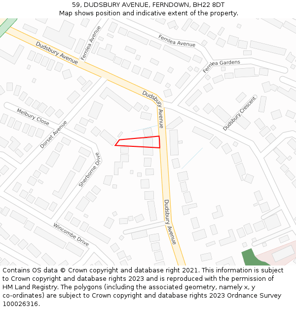 59, DUDSBURY AVENUE, FERNDOWN, BH22 8DT: Location map and indicative extent of plot