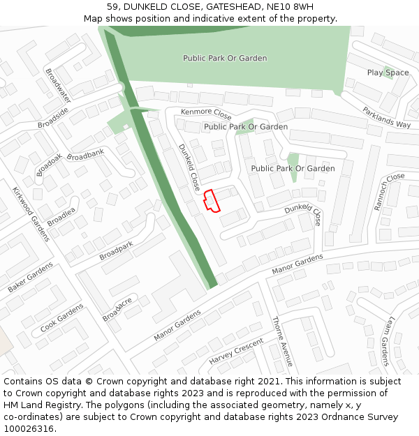 59, DUNKELD CLOSE, GATESHEAD, NE10 8WH: Location map and indicative extent of plot