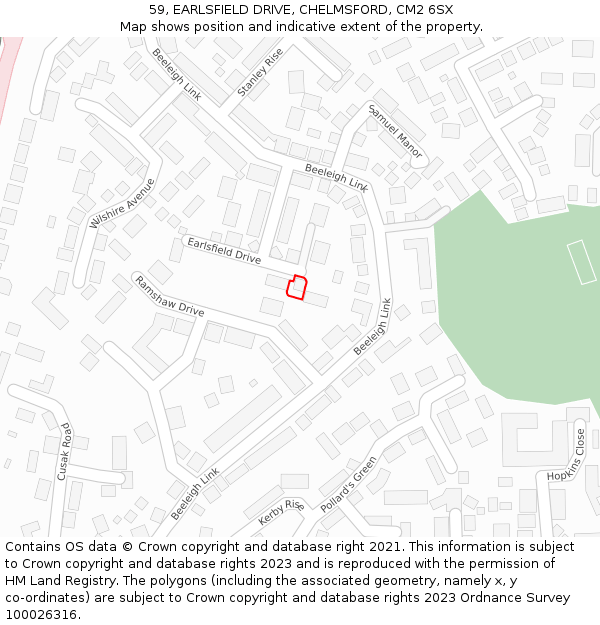 59, EARLSFIELD DRIVE, CHELMSFORD, CM2 6SX: Location map and indicative extent of plot