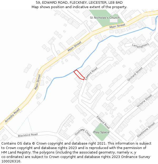 59, EDWARD ROAD, FLECKNEY, LEICESTER, LE8 8AD: Location map and indicative extent of plot