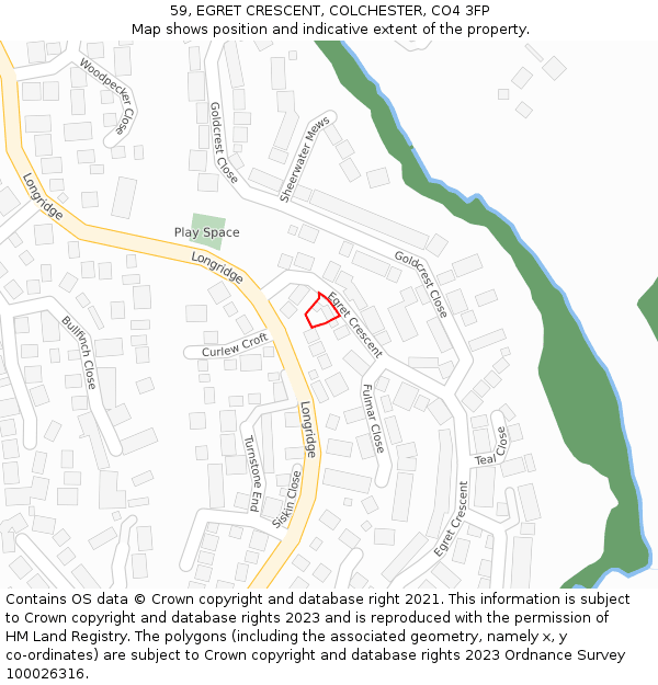 59, EGRET CRESCENT, COLCHESTER, CO4 3FP: Location map and indicative extent of plot