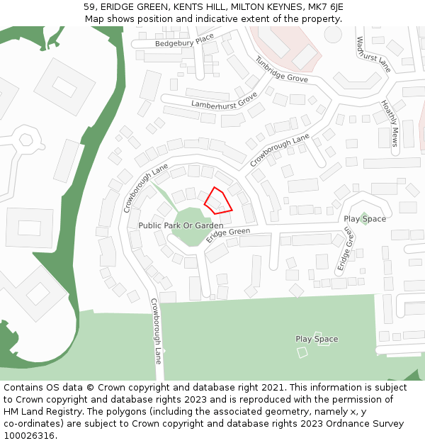 59, ERIDGE GREEN, KENTS HILL, MILTON KEYNES, MK7 6JE: Location map and indicative extent of plot