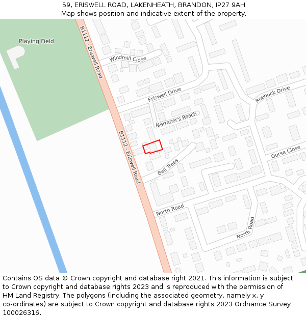 59, ERISWELL ROAD, LAKENHEATH, BRANDON, IP27 9AH: Location map and indicative extent of plot