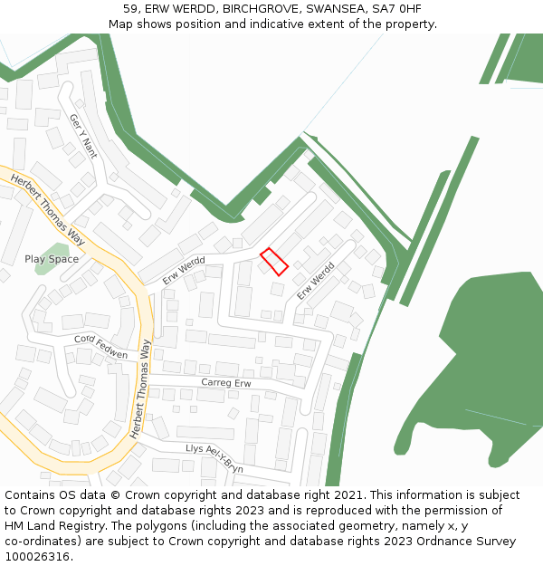 59, ERW WERDD, BIRCHGROVE, SWANSEA, SA7 0HF: Location map and indicative extent of plot