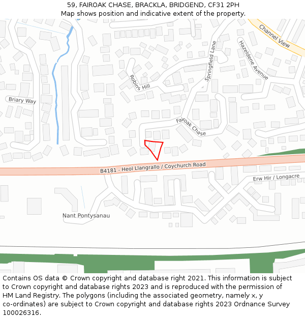 59, FAIROAK CHASE, BRACKLA, BRIDGEND, CF31 2PH: Location map and indicative extent of plot