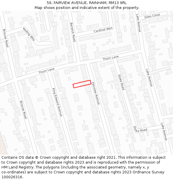 59, FAIRVIEW AVENUE, RAINHAM, RM13 9RL: Location map and indicative extent of plot