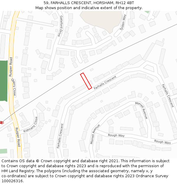 59, FARHALLS CRESCENT, HORSHAM, RH12 4BT: Location map and indicative extent of plot