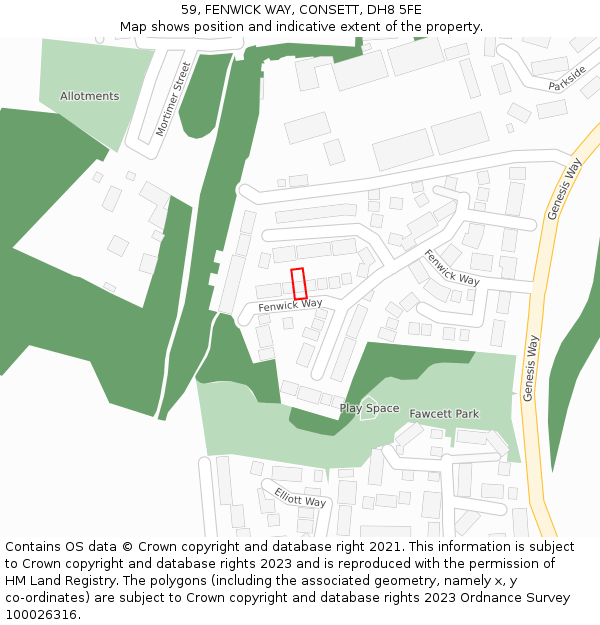 59, FENWICK WAY, CONSETT, DH8 5FE: Location map and indicative extent of plot