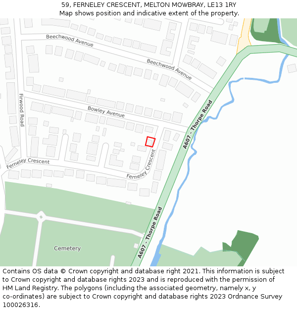 59, FERNELEY CRESCENT, MELTON MOWBRAY, LE13 1RY: Location map and indicative extent of plot