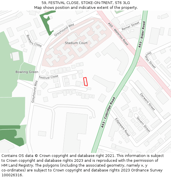 59, FESTIVAL CLOSE, STOKE-ON-TRENT, ST6 3LG: Location map and indicative extent of plot