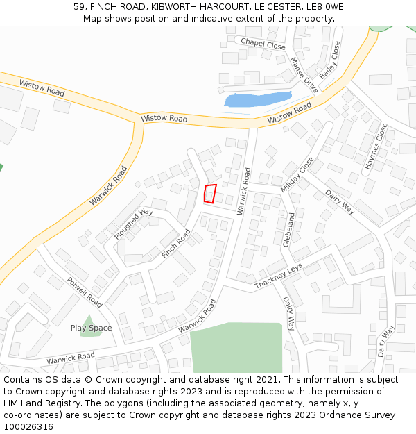 59, FINCH ROAD, KIBWORTH HARCOURT, LEICESTER, LE8 0WE: Location map and indicative extent of plot