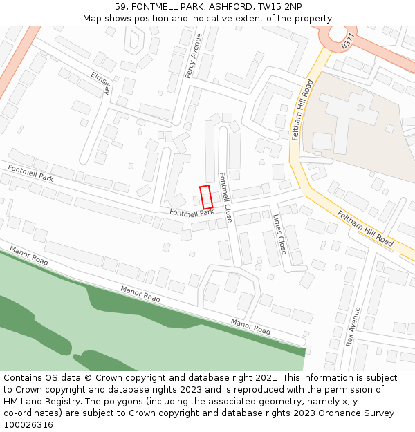 59, FONTMELL PARK, ASHFORD, TW15 2NP: Location map and indicative extent of plot