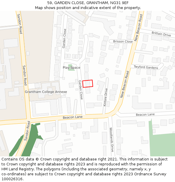 59, GARDEN CLOSE, GRANTHAM, NG31 9EF: Location map and indicative extent of plot