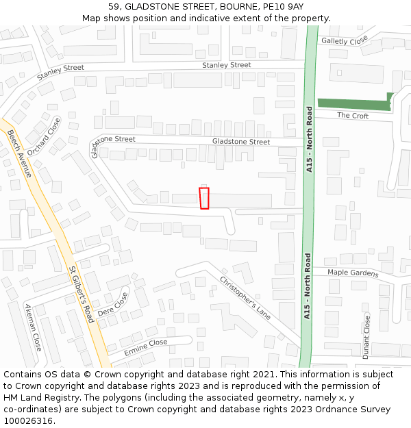 59, GLADSTONE STREET, BOURNE, PE10 9AY: Location map and indicative extent of plot