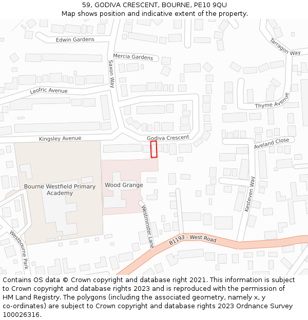 59, GODIVA CRESCENT, BOURNE, PE10 9QU: Location map and indicative extent of plot