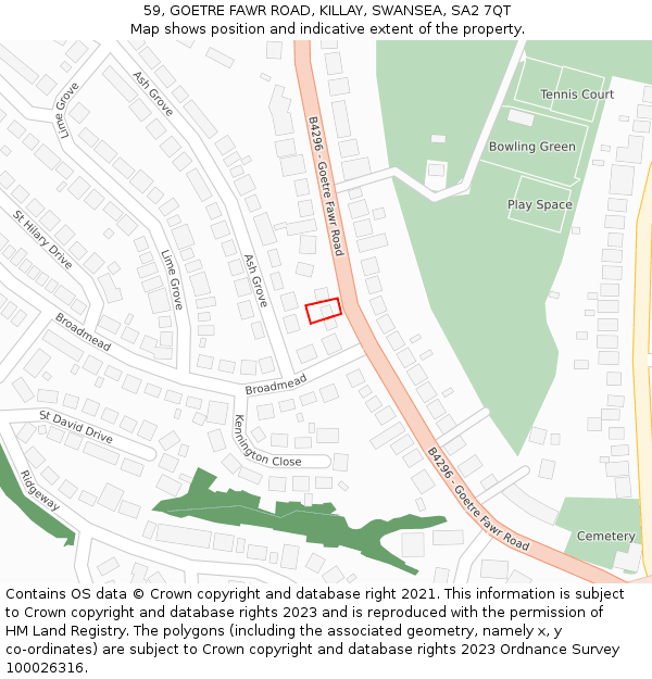 59, GOETRE FAWR ROAD, KILLAY, SWANSEA, SA2 7QT: Location map and indicative extent of plot