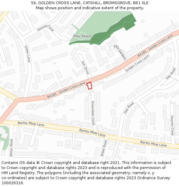 59, GOLDEN CROSS LANE, CATSHILL, BROMSGROVE, B61 0LE: Location map and indicative extent of plot