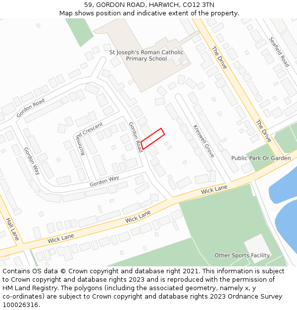 59, GORDON ROAD, HARWICH, CO12 3TN: Location map and indicative extent of plot