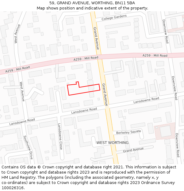 59, GRAND AVENUE, WORTHING, BN11 5BA: Location map and indicative extent of plot