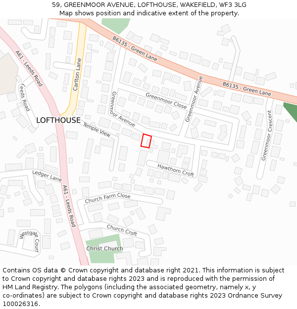 59, GREENMOOR AVENUE, LOFTHOUSE, WAKEFIELD, WF3 3LG: Location map and indicative extent of plot