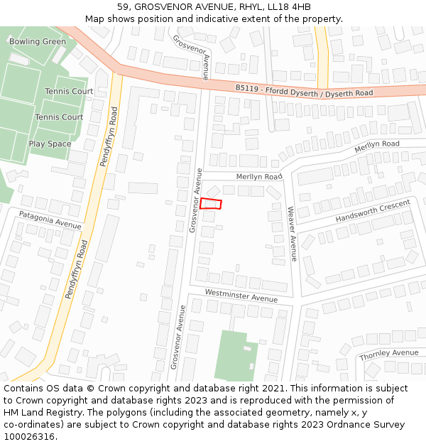 59, GROSVENOR AVENUE, RHYL, LL18 4HB: Location map and indicative extent of plot