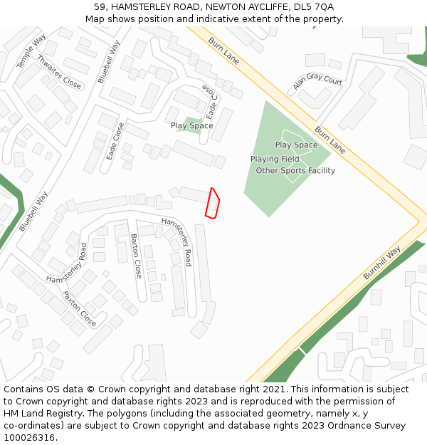 59, HAMSTERLEY ROAD, NEWTON AYCLIFFE, DL5 7QA: Location map and indicative extent of plot