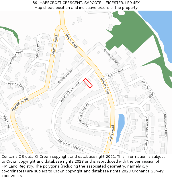 59, HARECROFT CRESCENT, SAPCOTE, LEICESTER, LE9 4FX: Location map and indicative extent of plot