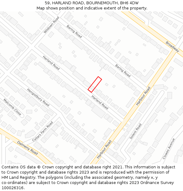 59, HARLAND ROAD, BOURNEMOUTH, BH6 4DW: Location map and indicative extent of plot