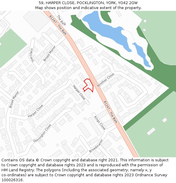 59, HARPER CLOSE, POCKLINGTON, YORK, YO42 2GW: Location map and indicative extent of plot