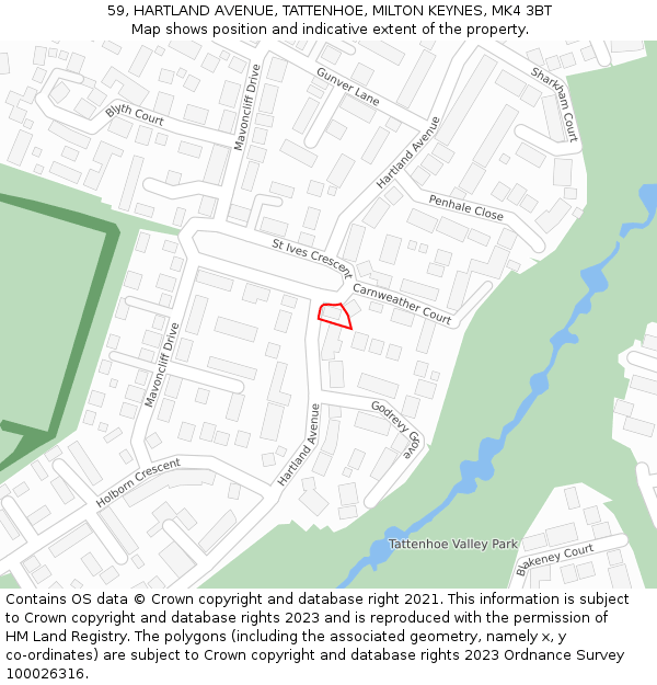 59, HARTLAND AVENUE, TATTENHOE, MILTON KEYNES, MK4 3BT: Location map and indicative extent of plot