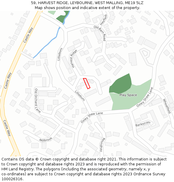 59, HARVEST RIDGE, LEYBOURNE, WEST MALLING, ME19 5LZ: Location map and indicative extent of plot