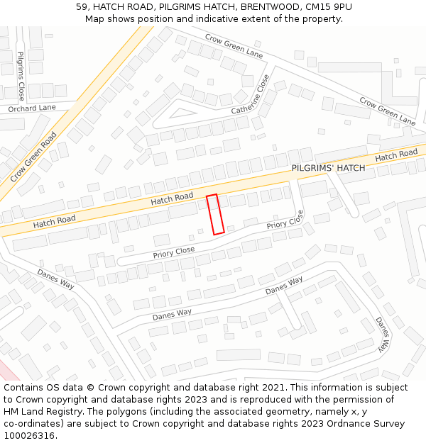 59, HATCH ROAD, PILGRIMS HATCH, BRENTWOOD, CM15 9PU: Location map and indicative extent of plot