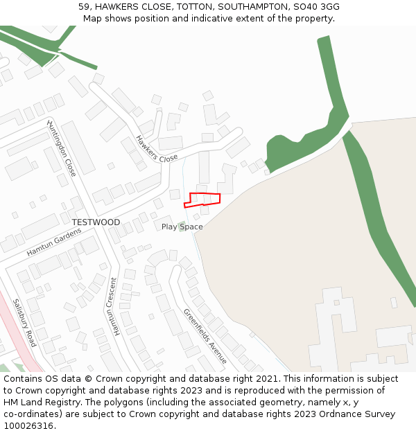 59, HAWKERS CLOSE, TOTTON, SOUTHAMPTON, SO40 3GG: Location map and indicative extent of plot