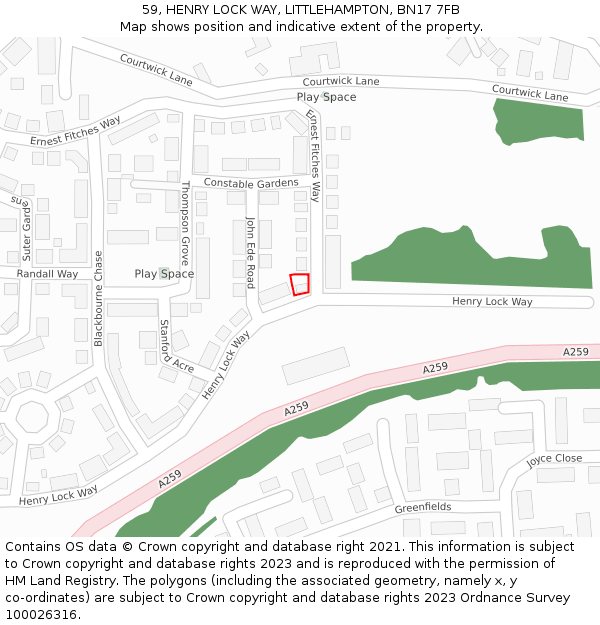 59, HENRY LOCK WAY, LITTLEHAMPTON, BN17 7FB: Location map and indicative extent of plot