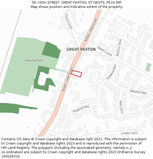 59, HIGH STREET, GREAT PAXTON, ST NEOTS, PE19 6RF: Location map and indicative extent of plot