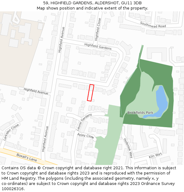 59, HIGHFIELD GARDENS, ALDERSHOT, GU11 3DB: Location map and indicative extent of plot