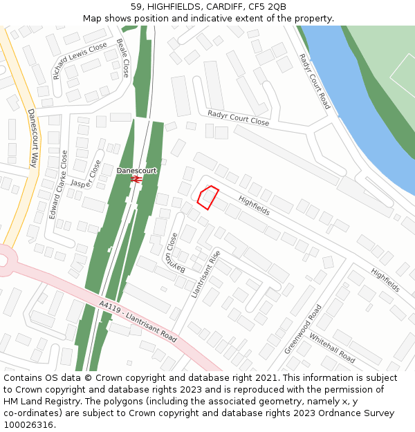 59, HIGHFIELDS, CARDIFF, CF5 2QB: Location map and indicative extent of plot