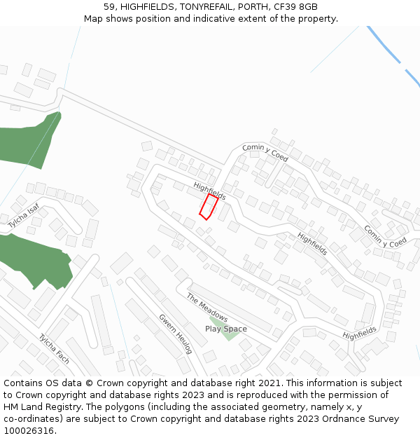 59, HIGHFIELDS, TONYREFAIL, PORTH, CF39 8GB: Location map and indicative extent of plot
