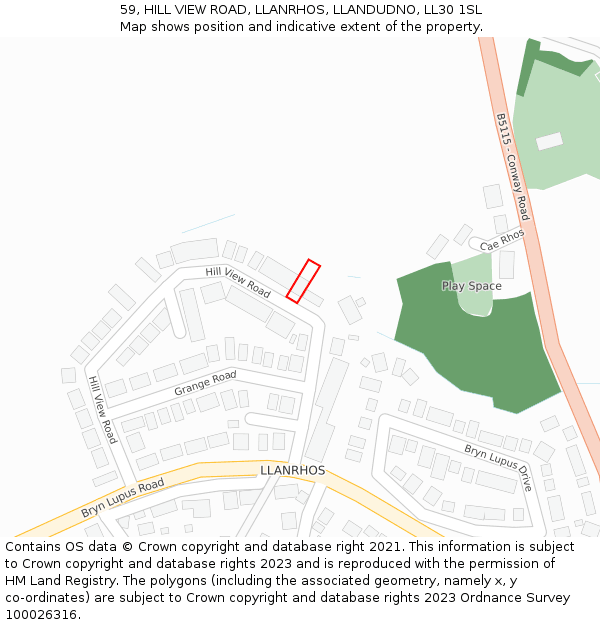 59, HILL VIEW ROAD, LLANRHOS, LLANDUDNO, LL30 1SL: Location map and indicative extent of plot