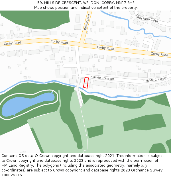 59, HILLSIDE CRESCENT, WELDON, CORBY, NN17 3HF: Location map and indicative extent of plot