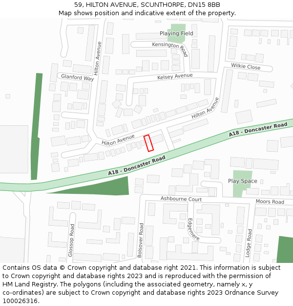 59, HILTON AVENUE, SCUNTHORPE, DN15 8BB: Location map and indicative extent of plot