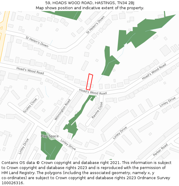 59, HOADS WOOD ROAD, HASTINGS, TN34 2BJ: Location map and indicative extent of plot