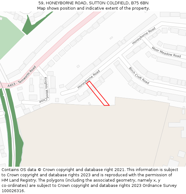 59, HONEYBORNE ROAD, SUTTON COLDFIELD, B75 6BN: Location map and indicative extent of plot
