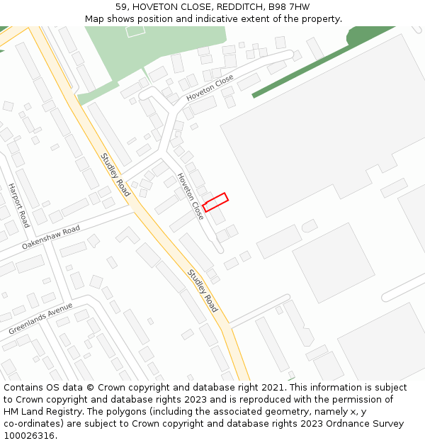 59, HOVETON CLOSE, REDDITCH, B98 7HW: Location map and indicative extent of plot