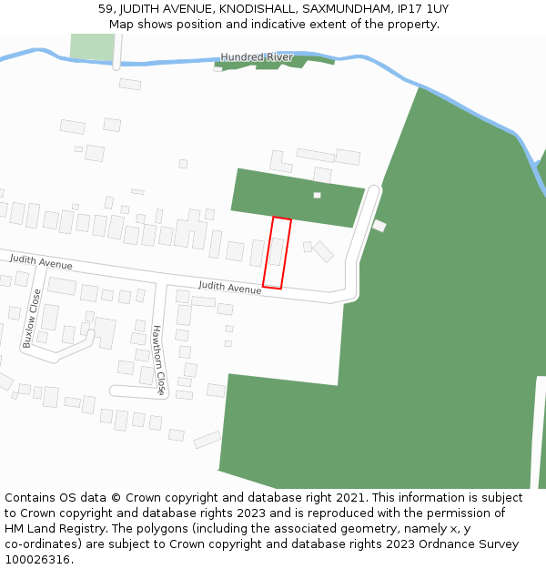 59, JUDITH AVENUE, KNODISHALL, SAXMUNDHAM, IP17 1UY: Location map and indicative extent of plot