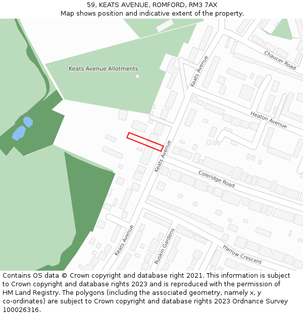 59, KEATS AVENUE, ROMFORD, RM3 7AX: Location map and indicative extent of plot